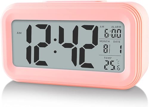 Hiseeyo Aufgerüsteter Digitaler Wecker, 4.3" LED-anzeige Mit Temperatur Größerer Lound Light Control Portable Snooze Kalender Helligkeit Mit Batteriebetriebenen Wecker Nachttisch (rosa) von Hiseeyo