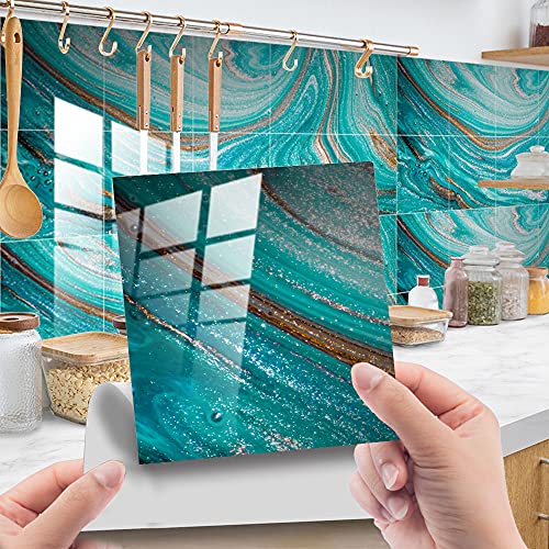10 Stück Küchenrückwand Fliesenaufkleber, Hiser Marmor Mosaik Stil Wasserdicht Ölfest Stickerfliesen Marmor Deko Selbstklebende für Badezimmer Wohnzimmer Dekoration (Blau,10x10cm) von Hiseng
