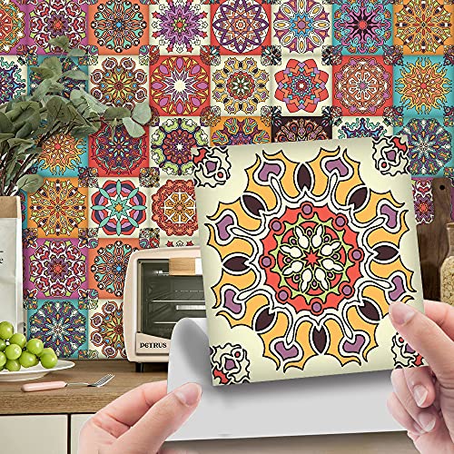 24 Stück Marokkanischer Fliesenaufkleber, Hiser Mosaik Stil Wasserdicht Ölfest Stickerfliesen Marmor Deko Selbstklebende Fliesenfolie für Badezimmer Wohnzimmer Küche (Mandala,20x20cm) von Hiseng