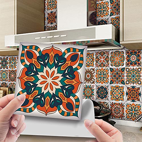24 Stück Marokkanischer Fliesenaufkleber, Hiser Mosaik Stil Wasserdicht Ölfest Stickerfliesen Marmor Deko Selbstklebende Fliesenfolie für Badezimmer Wohnzimmer Küche (Orange,20x20cm) von Hiseng