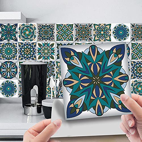 24 Stück Marokkanischer Fliesenaufkleber, Hiser Mosaik Stil Wasserdicht Ölfest Stickerfliesen Marmor Deko Selbstklebende Fliesenfolie für Badezimmer Wohnzimmer Küche (Türkis,20x20cm) von Hiseng