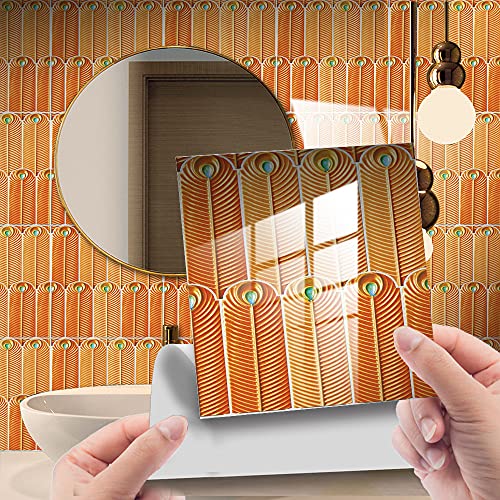 25 Stück Fliesenaufkleber, Hiser Retro Pfauenfeder Mosaik Stil Wasserdicht Ölfest Stickerfliesen Marmor Deko Selbstklebende Fliesenfolie für Badezimmer Wohnzimmer Küche (Orange,20x20cm) von Hiseng