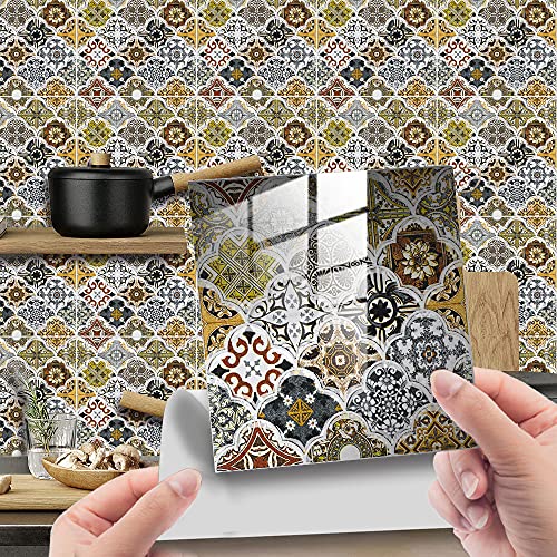 25 Stück Küchenrückwand Fliesenaufkleber, Hiser Scales Mosaik Stil Wasserdicht Ölfest Stickerfliesen Marmor Deko Selbstklebende für Badezimmer Wohnzimmer Dekoration (Mehrfarbig,10x10cm) von Hiseng