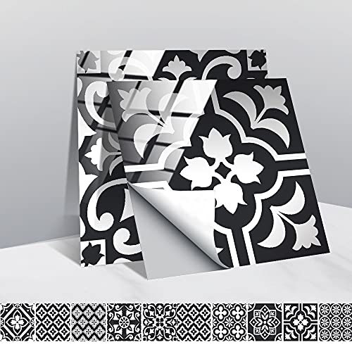 30 Stück Fliesenaufkleber, Hiser Retro Böhmen Monaco Stil Wasserdicht Ölfest Stickerfliesen Mosaik Marmor Deko Selbstklebende Fliesenfolie für Badezimmer Wohnzimmer Küche (Schwarz,10x10cm) von Hiseng