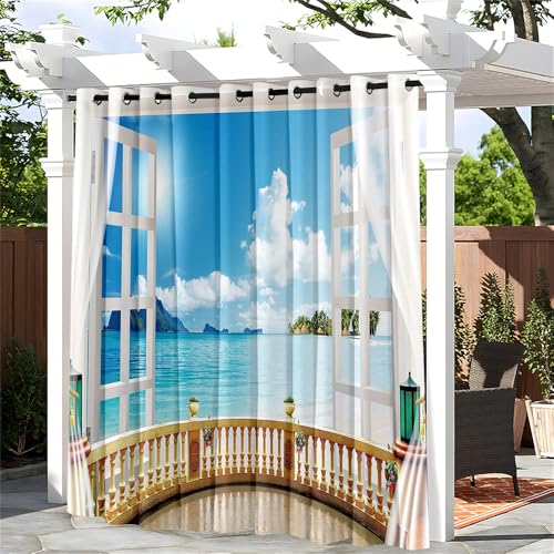 Hiseng 1 Stück Outdoor Vorhänge Wetterfest mit Ösen Outdoorvorhänge 3D Strandszenerie Türvorhang Blickdicht Sichtschutz Gardinen für Balkon Garten Terrasse Pergola (140x175cm,Blauer Himmel) von Hiseng