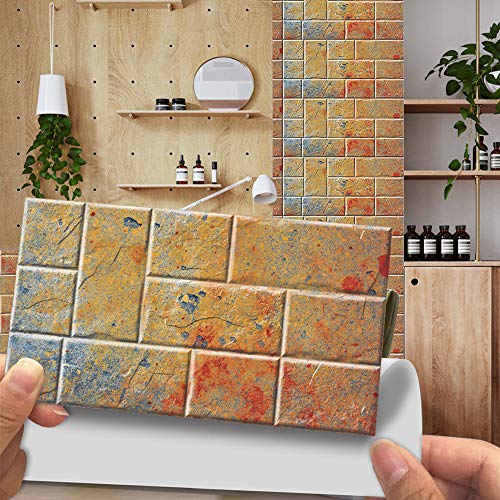 Hiseng 12 Stück Küchenrückwand Fliesenaufkleber, 3D Wandfliesen Stil Wasserdicht Ölfest Stickerfliesen Deko Selbstklebende für Küche Badezimmer Wohnzimmer Dekoration (Orange) von Hiseng