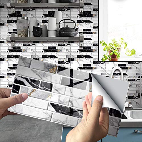 Hiseng 24/48 Stück Küchenrückwand Fliesenaufkleber, Rechteck Marmor Mosaik Muster Wasserdicht Ölfest Stickerfliesen Deko Selbstklebende für Küche Badezimmer Wohnzimmer (Schwarz grau 2,24Stück) von Hiseng