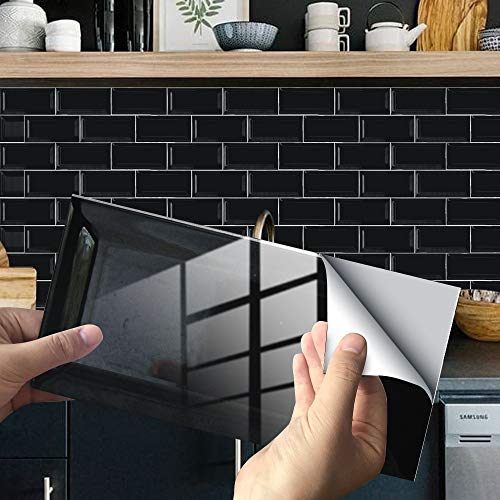 Hiseng 24/48 Stück Küchenrückwand Fliesenaufkleber, Rechteck Marmor Mosaik Muster Wasserdicht Ölfest Stickerfliesen Deko Selbstklebende für Küche Badezimmer Wohnzimmer (schwarz,48Stück) von Hiseng