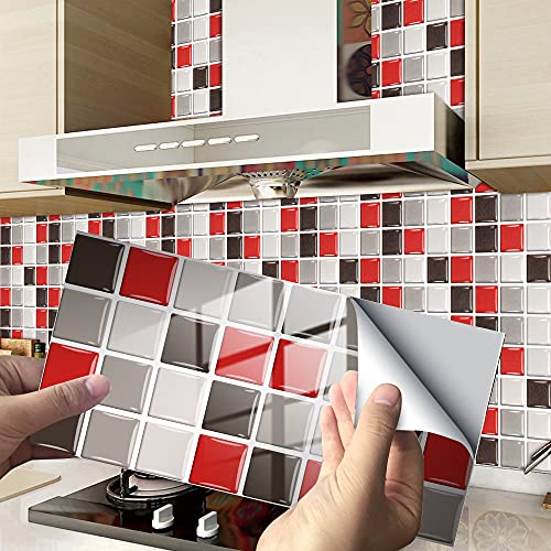 Hiseng 24/48 Stück Küchenrückwand Fliesenaufkleber, Rechteck Mosaik Muster Wasserdicht Ölfest Stickerfliesen Deko Selbstklebende Wandfliese für Küche Badezimmer Wohnzimmer (Rot Mosaik,20x10cm) von Hiseng