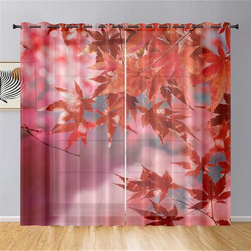 Hiseng 3D Ahornblätter Halbtransparent Voile Vorhänge mit Ösen Durchsichtig Moderne 2er Set Ösenvorhang für Fenster Wohnzimmer Schlafzimmer Transparent Gardine (55x95cm,Fuchsie) von Hiseng