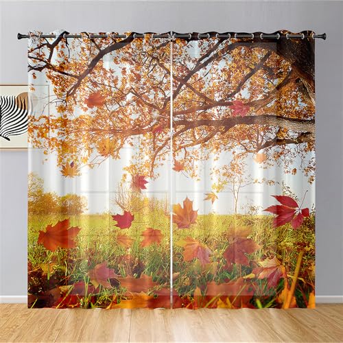 Hiseng 3D Ahornblätter Halbtransparent Voile Vorhänge mit Ösen Durchsichtig Moderne 2er Set Ösenvorhang für Fenster Wohnzimmer Schlafzimmer Transparent Gardine (80x115cm,Wiese) von Hiseng