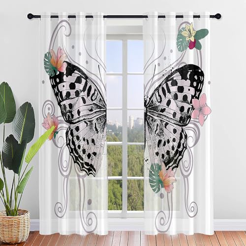 Hiseng 3D Bunte Schmetterlinge Voile Vorhänge mit Ösen Durchsichtig Moderne Halbtransparent 2er Set Ösenvorhang für Fenster Wohnzimmer Schlafzimmer Elegante Transparent Gardine (107x244cm,Weiß) von Hiseng