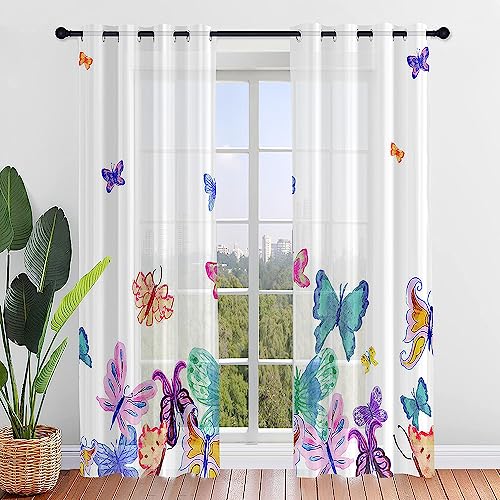 Hiseng 3D Bunte Schmetterlinge Voile Vorhänge mit Ösen Durchsichtig Moderne Halbtransparent 2er Set Ösenvorhang für Fenster Wohnzimmer Schlafzimmer Elegante Transparent Gardine (132x213cm,Bunt) von Hiseng