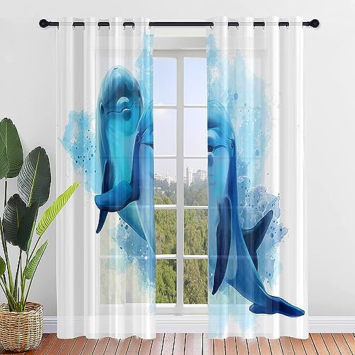 Hiseng 3D Delphin Gemälde Voile Vorhänge mit Ösen Halbtransparent Durchsichtig Moderne 2er Set Ösenvorhang für Fenster Wohnzimmer Schlafzimmer Elegante Transparent Gardine (107x244cm,Muster 3) von Hiseng