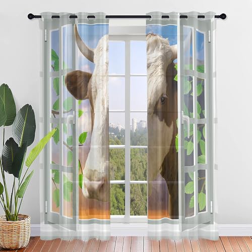 Hiseng 3D Fenstertiere Halbtransparent Voile Vorhänge mit Ösen Durchsichtig Moderne 2er Set Ösenvorhang für Fenster Wohnzimmer Schlafzimmer Transparent Gardine (Kuhmuster,107x160cm) von Hiseng