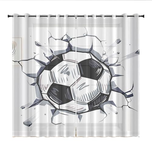 Hiseng 3D Fußball Voile Vorhänge mit Ösen Durchsichtig Halbtransparent Ösenvorhang für Fenster Wohnzimmer Schlafzimmer Moderne Transparent Gardine 2er Set (140x160cm,Weiß) von Hiseng