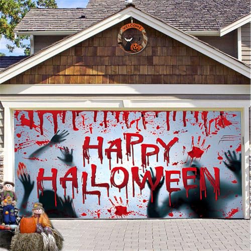 Hiseng 3D Halloween Garagentor Banner, Halloween Deko Outdoor Große Halloween Garage Dekorationen, Gruselige Halloween Banner Dekorationen für Halloween Party (210x480cm,Halloweenabend) von Hiseng