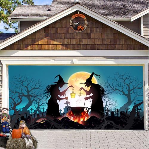 Hiseng 3D Halloween Garagentor Banner, Halloween Deko Outdoor Große Halloween Garage Dekorationen, Gruselige Halloween Banner Dekorationen für Halloween Party (210x480cm,Psychedelisch) von Hiseng