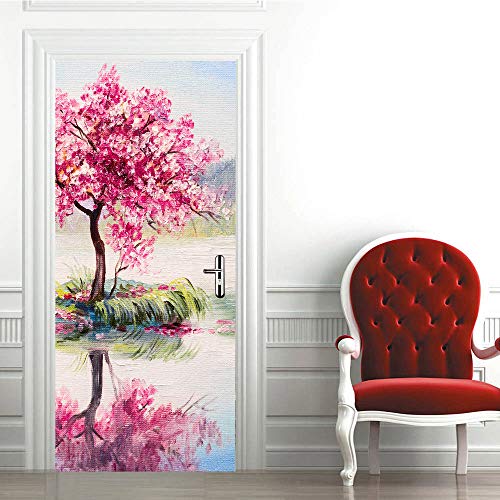 Hiseng 3D Landschaft Türaufkleber Selbstklebend Türtapete TürPoster, PVC wasserdichte Abnehmbare Wohnzimmer Schlafzimmer Hotel Tapete Türfolie Poster DIY Wandbild Aufkleber (Kirschblüten,77x200cm) von Hiseng