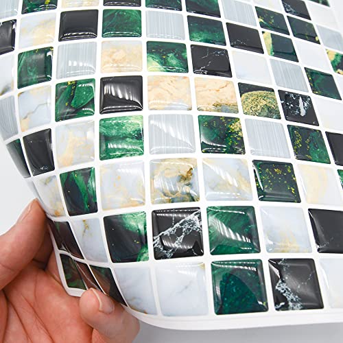 Hiseng 3D Mosaik Fliesenaufkleber, Küche Wasserdicht Stickerfliesen Marmor Deko Selbstklebende Fliesenfolie für Badezimmer Wohnzimmer, 20x20cm (Grün,10Stück) von Hiseng