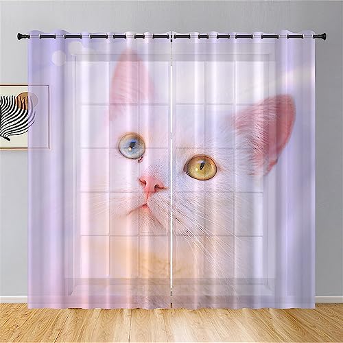 Hiseng 3D Muster Halbtransparent Voile Vorhänge mit Ösen Durchsichtig Moderne 2er Set Ösenvorhang für Fenster Wohnzimmer Schlafzimmer Transparent Gardine (140x160cm,weiße Katze) von Hiseng