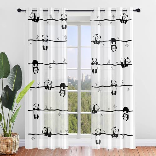 Hiseng 3D Süßer Panda Halbtransparent Voile Vorhänge mit Ösen Durchsichtig Moderne 2er Set Ösenvorhang für Fenster Wohnzimmer Schlafzimmer Transparent Gardine (80x115cm,Weiß) von Hiseng