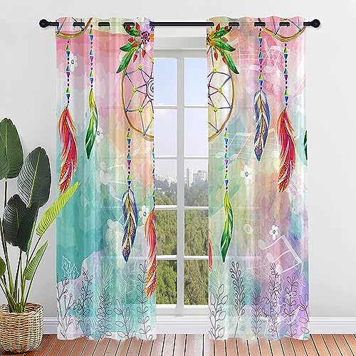 Hiseng 3D Traumfänger Moderne Voile Vorhänge mit Ösen Durchsichtig Halbtransparent 2er Set Ösenvorhang für Fenster Wohnzimmer Schlafzimmer Elegante Transparent Gardine (132x244cm,Grün) von Hiseng