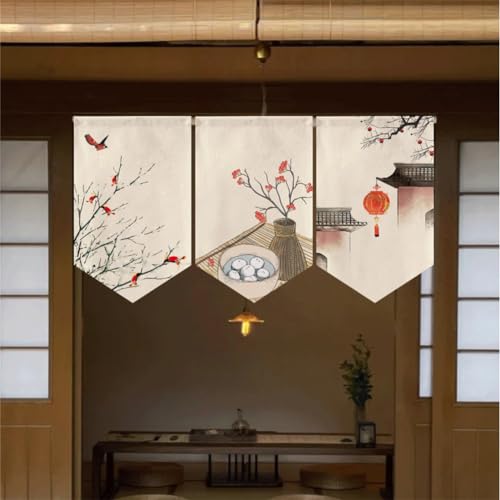 Hiseng 3pcs Japanischer Stil Noren Leinen Kurze Vorhänge Türvorhang Raumteiler Tapisserie für die Heimtextilien Raumteiler für japanische Sushi-Bar, Dekoration (40x60cm,Blumen) von Hiseng