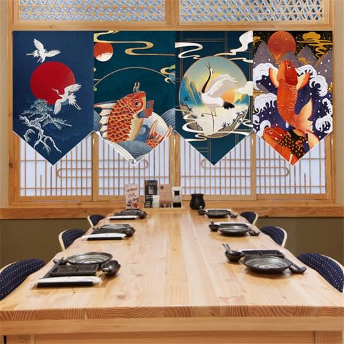 Hiseng 4 Stück Japanischer Stil Noren Leinen Kurze Vorhänge Türvorhang Raumteiler Tapisserie Heimtextilien Raumteiler für Japanische Sushi-Bar, Dekoration (20x30cm,Stil 8) von Hiseng