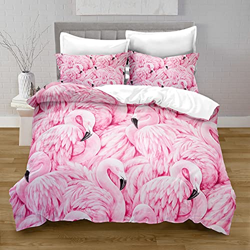 Hiseng Bettwäsche-Set Bettbezug Set mit Reißverschluss Bettbezug und Kissenbezug, Mikrofaser 3D Flamingo Drucken Weiche Erwachsene Kinder Bettwäsche (Rosa Flamingo,135x200cm) von Hiseng