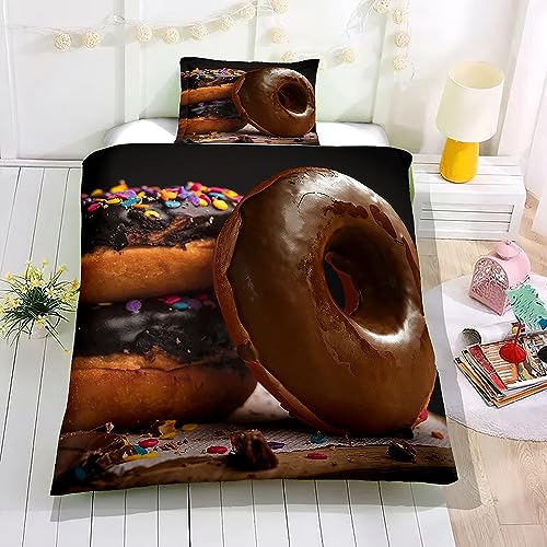 Hiseng Bettwäsche-Sets, 3D Donut Kinder Bettwäsche Set, Kuschel Bettwäsche mit Reißverschluss, Bettbezug mit Kissenbezug für Mädchen und Jungen (100x135cm,Schokoladen Donut) von Hiseng