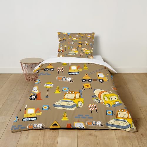 Hiseng Bettwäsche-Sets, Karikatur Kinder Bettwäsche Set, Kuschel Bettwäsche mit Reißverschluss, Bettbezug mit Kissenbezug für Mädchen und Jungen (120x150cm,Gelber Bagger) von Hiseng