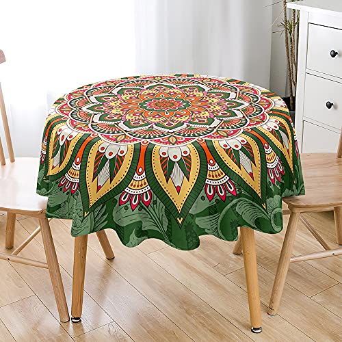 Hiseng Böhmen Mandala Multicolor Runde Tischdecke für Runde Tische, Abwaschbar Wasserdicht Fleckschutz Tischtuch für Outdoor Garten Home Dekoration - Verschiedene Größe (Gelbgrün,100cm) von Hiseng