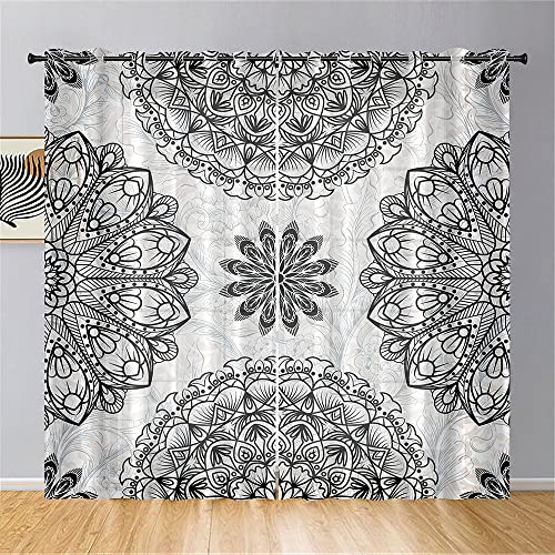 Hiseng Böhmen Voile Vorhänge mit Ösen Durchsichtig Halbtransparent Ösenvorhang für Fenster Wohnzimmer Schlafzimmer Mandala Elegante Transparent Gardine 2er Set (80x115cm,Schwarz Weiß) von Hiseng