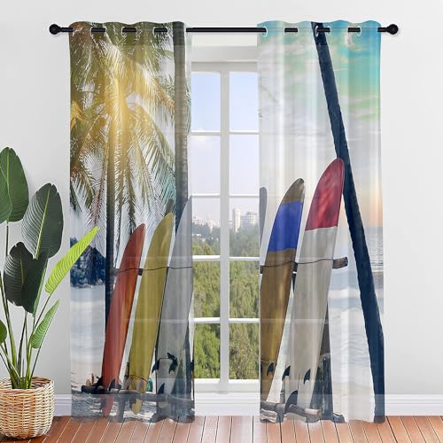 Hiseng Buntes Surfbrett 3D Halbtransparent Voile Vorhänge mit Ösen Durchsichtig Moderne 2er Set Ösenvorhang für Fenster Wohnzimmer Schlafzimmer Transparent Gardine (Bäume,107x213cm) von Hiseng