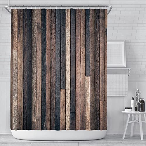 Hiseng Duschvorhang, Holzmaserung/Ziegelmaserung, Wasserdicht, Polyester, Duschvorhänge, Waschbar, Duschvorhänge, Badevorhang mit 12 Haken, Badezimmer Badewannendekor (braunes Holz,180x180cm) von Hiseng