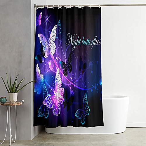 Hiseng Duschvorhang aus Polyester Textil, 3D Schmetterling Bedruckter Luxus-Stil Wasserdichter Duschvorhang mit 12 Weiß C-Ringe, Badezimmer Badewannen Duschvorhänge (90x180cm,lila) von Hiseng