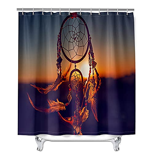 Hiseng Duschvorhang aus Polyester Wasserdichter, Waschbare Duschvorhänge mit 12 Duschvorhangringen, 3D Traumfänger Druck Badewannevorhang für Badezimmer (Sonnenuntergang,180x200cm) von Hiseng