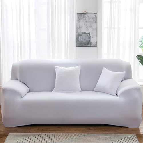 Hiseng Einfarbig Sofa Überzug 1-4 Sitzer, Sofabezug mit Kopfkissenbezug Stretch Polyester Couch Überzug Universal Sofa Cover Sofaschoner für Haustiere (Weiß,3-Sitzer) von Hiseng