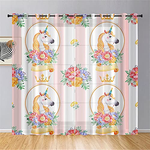 Hiseng Einhorn 3D Voile Vorhänge mit Ösen Durchsichtig Halbtransparent Ösenvorhang für Fenster Wohnzimmer Schlafzimmer Moderne Elegante Transparent Gardine 2er Set (132x182cm,Orange) von Hiseng