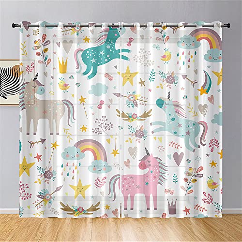 Hiseng Einhorn 3D Voile Vorhänge mit Ösen Durchsichtig Halbtransparent Ösenvorhang für Fenster Wohnzimmer Schlafzimmer Moderne Elegante Transparent Gardine 2er Set (80x115cm,Regenbogen) von Hiseng