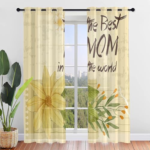 Hiseng Festliche Blumen 3D Halbtransparent Voile Vorhänge mit Ösen Durchsichtig Moderne 2er Set Ösenvorhang für Fenster Wohnzimmer Schlafzimmer Transparent Gardine (Gelb 1,132x182cm) von Hiseng