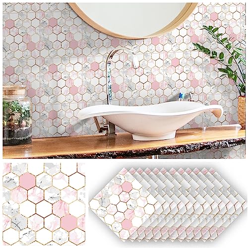 Hiseng Fliesenaufkleber, Mode Stil Wasserdicht Ölfest Stickerfliesen Mosaik Marmor Deko Selbstklebende Fliesenfolie für Badezimmer Wohnzimmer Küche, 20x20cm (Wabe Rosa,24 Stück) von Hiseng