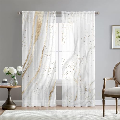 Hiseng Gardinen Vorhang Küche 2er Set Weiß Marmor Voile Vorhänge Halbtransparent Schiebegardinen Moderne Voile Vorhang Gardine für Wohnzimmer Schlafzimmer Fenster (Gold,132x160cm) von Hiseng