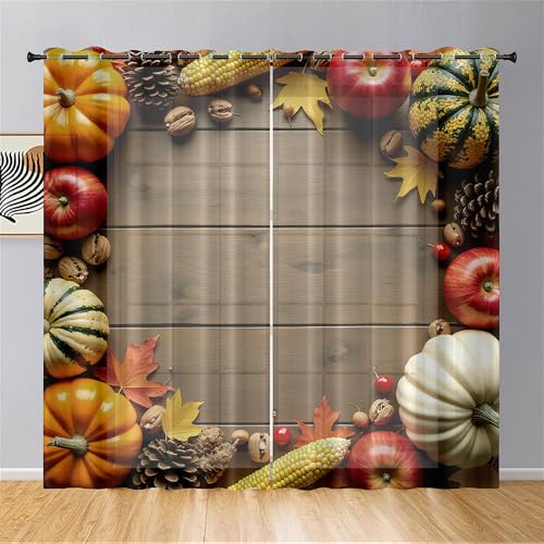 Hiseng Gelber Kürbis 3D-Modell Halbtransparent Voile Vorhänge mit Ösen Durchsichtig Moderne 2er Set Ösenvorhang für Fenster Wohnzimmer Schlafzimmer Transparent Gardine (Muster H,132x244cm) von Hiseng