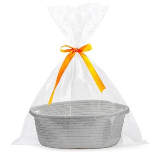 Hiseng Geschenkkorb Leer mit Transparenten Geschenktü Und Farbband, Klein Geflochten Korb aus Baumwolle mit Griffen, Weihnachten Geschenkkorb, Aufbewahrungskorb, Baby-Geschenkkorb (Grau) von Hiseng