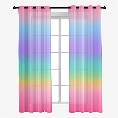 Hiseng Gradient Druck Voile Vorhänge mit Ösen Durchsichtig Halbtransparent Ösenvorhang für Fenster Wohnzimmer Schlafzimmer Moderne Elegante Transparent Gardine 2er Set (80x115cm,Regenbogen) von Hiseng