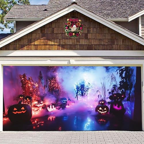 Hiseng Halloween Garagentor Banner, Halloween Deko Outdoor Große Halloween Garage Dekorationen, Herbst Gruselige Halloween Banner Dekorationen für Halloween Party (180x400cm,Nebel) von Hiseng