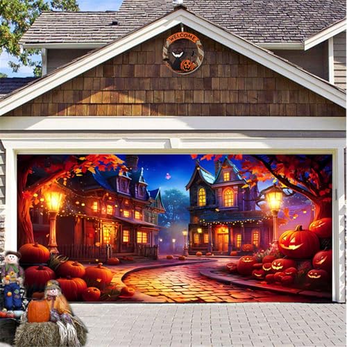 Hiseng Halloween Garagentor Banner, Halloween Deko Outdoor Große Halloween Garage Dekorationen, Klassiker Kürbis Halloween Banner Dekorationen für Halloween Türdeko Party (150x200cm,Kürbisstadt) von Hiseng