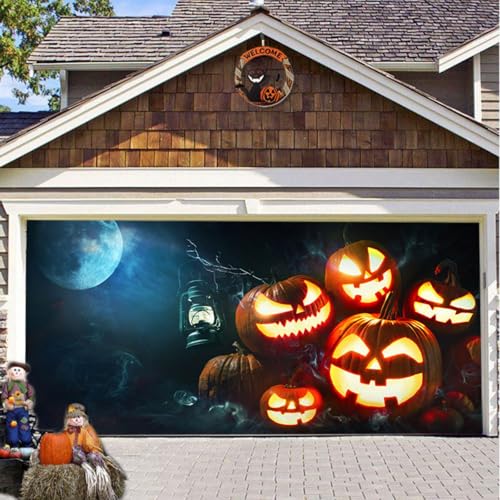 Hiseng Halloween Garagentor Banner, Outdoor Halloween Deko Wandteppich Große Garage Dekorationen, Banner Dekorationen für Gruselige Party (Blau-Gelb,210x240cm) von Hiseng